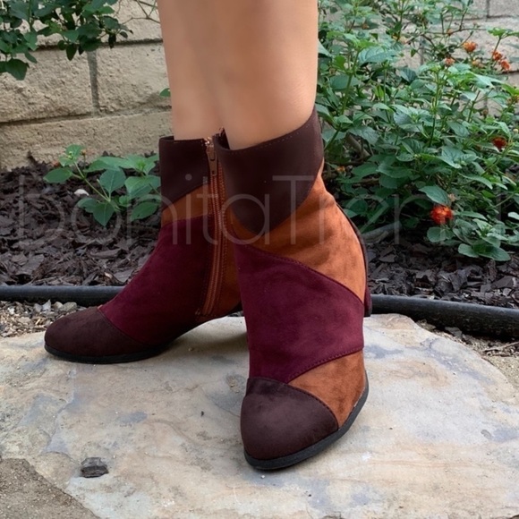 Vegan Suede Color Block Mismatch Ankle Boots - Picture 5 of 5